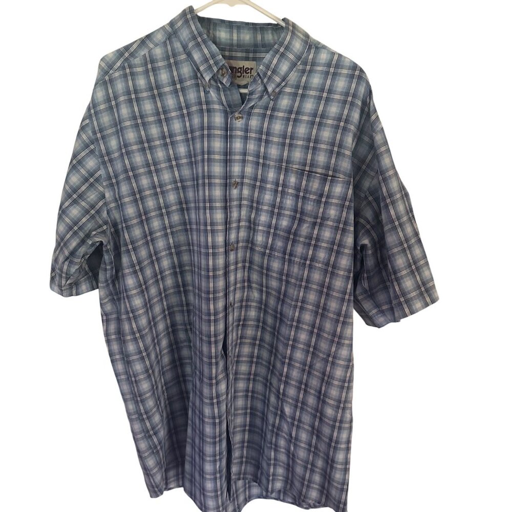 Wrangler rugged wear blue and white plaid button up short sleeve shirt size XL
